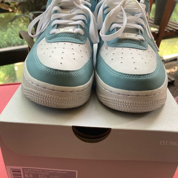 Nike White and Teal Air Force 1 Sneakers with Black Accents - Picture 3 of 8